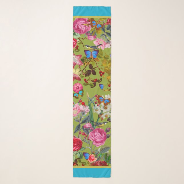 Chartreuse Vintage Rose Garden Chiffon Scarf (Front)