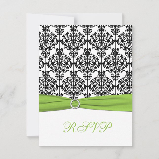 Chartreuse, White, and Black Damask Reply Card (Front)