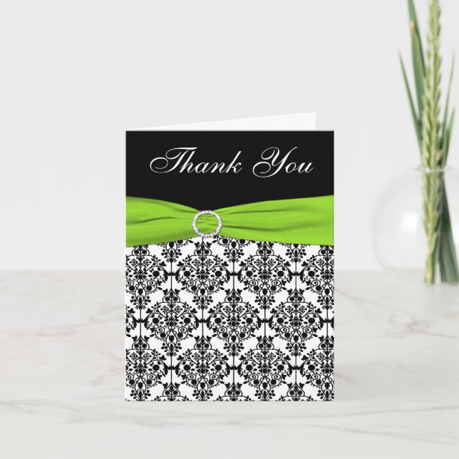 Chartreuse, White, and Black Damask Thank You Card (Front)