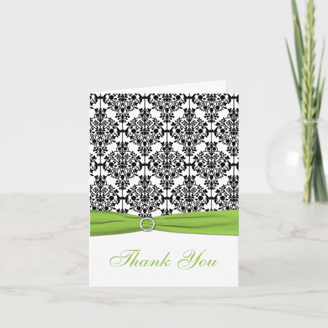 Chartreuse, White, and Black Damask Thank You Card (Front)