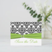 Chartreuse, White, Black Damask Save the Date Card (Standing Front)