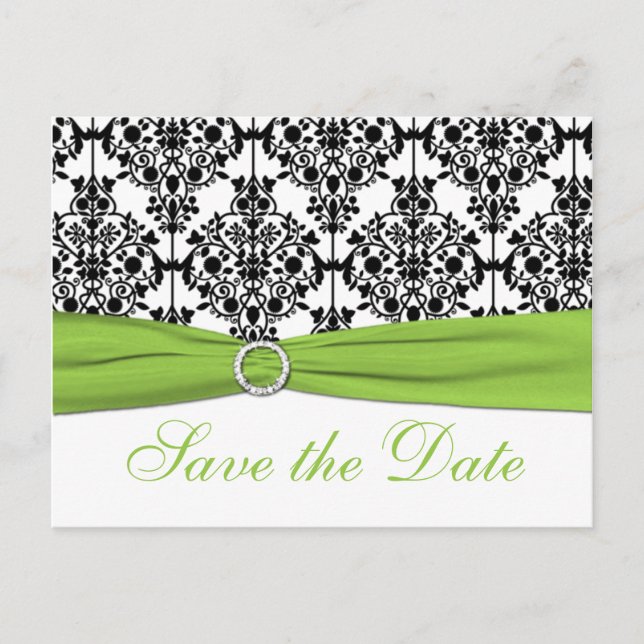 Chartreuse, White, Black Damask Save the Date Card (Front)