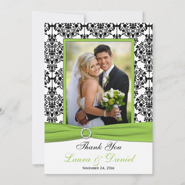 Chartreuse, White, Black Damask Thank You Card (Front)