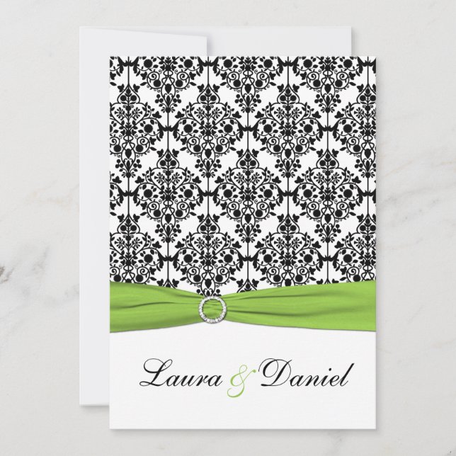 Chartreuse, White, Black Damask Wedding Invitation (Front)