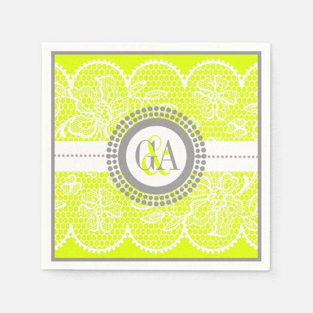 Chartreuse, white lace pattern wedding paper napkins (Front)