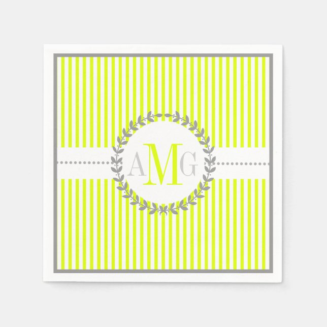 Chartreuse, white striped pattern wedding napkins (Front)