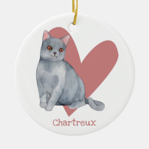 Chartreux Cat Watercolor Kitty Pink Heart Ceramic Ornament