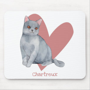 Chartreux Cat Watercolor Kitty Pink Heart Mouse Pad