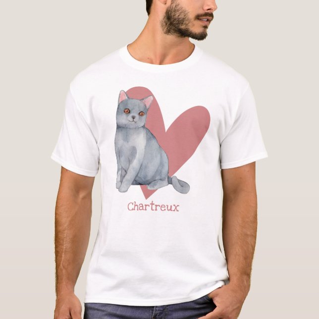 Chartreux Cat Watercolor Kitty Pink Heart T-Shirt (Front)