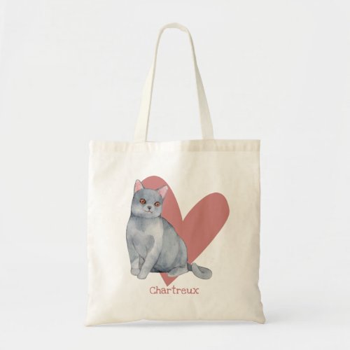 Chartreux Cat Watercolor Kitty Pink Heart Tote Bag