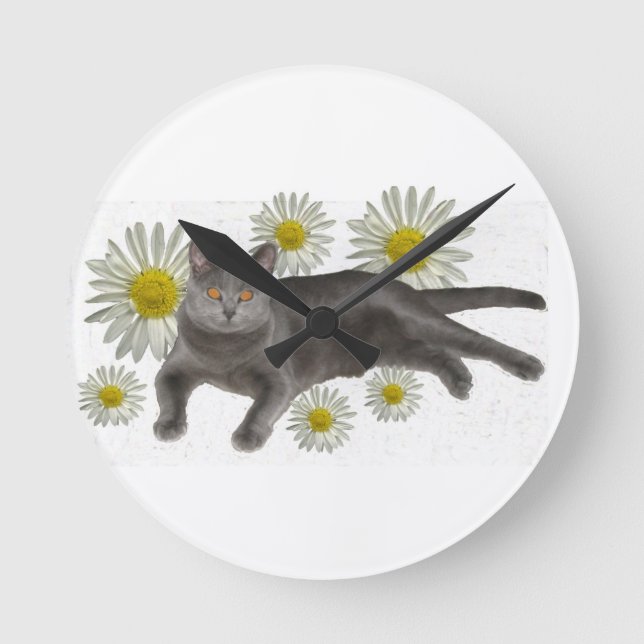 Chartreux Cat with Daisies Round Clock (Front)