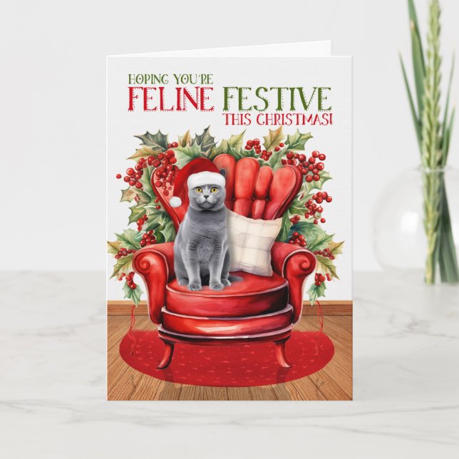 Chartreux Gray Christmas Cat FELINE Festive Holiday Card (Front)