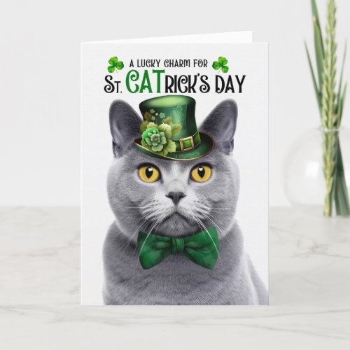 Chartreux Grey Cat St CATricks Day Lucky Charm Holiday Card