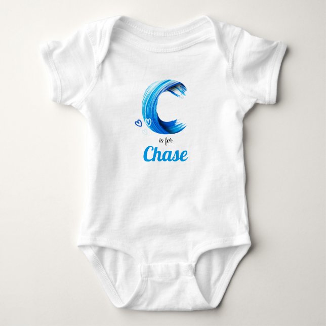 Chase Name Reveal Letter C Boy Blue Paint Baby Bodysuit (Front)
