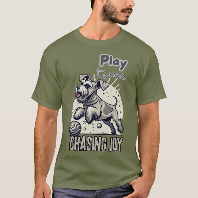 Chasing Joy: Happy Gray Pup in Motion T-Shirt (Front)