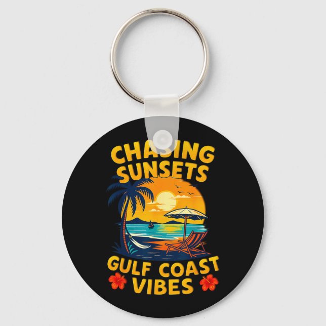 Chasing Sunsets Gulf Coast Vibes Retro Beach Keychain (Front)
