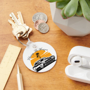 Chasing the Horizon Vintage Muscle Car Sunset Keychain