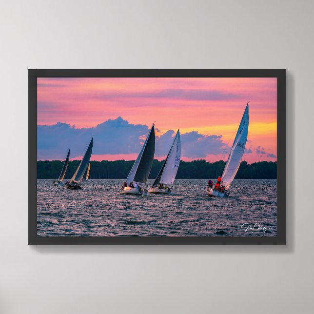 Chasing the Sunset — Erie Sailboats in Flight Framed Art (Framed Front)
