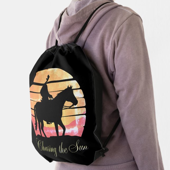 Chasing the Sunset - Minimalist Cowboy Silhouette Drawstring Bag (Insitu)