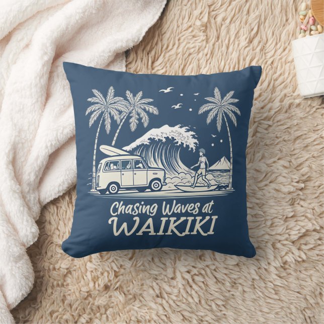 Chasing Waves at Waikiki Throw Pillow (Blanket)