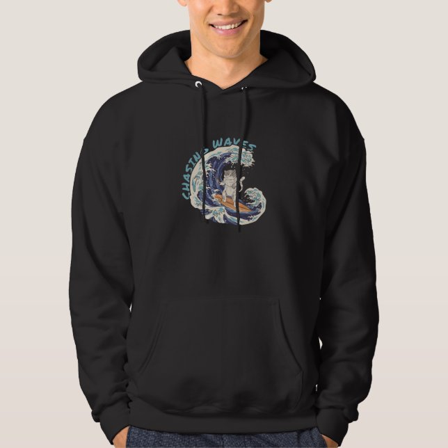 Chasing Waves Surfing Cat Cool Surfer Beach  1 Hoodie (Front)