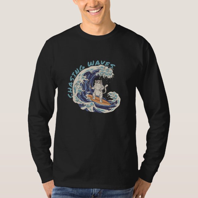Chasing Waves Surfing Cat Cool Surfer Beach  1 T-Shirt (Front)