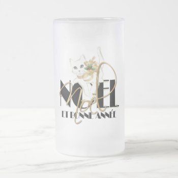 Chat Blanc  Noël Et Bonne Année Frosted Glass Beer Mug by ArtDivination at Zazzle