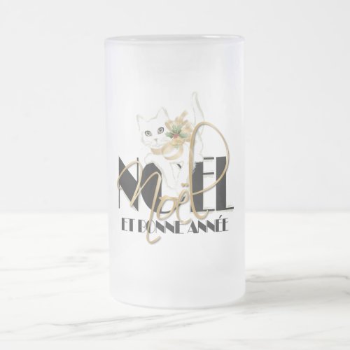 Chat Blanc, Noël et Bonne Année Frosted Glass Beer Mug