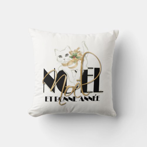 Chat Blanc, Noël et Bonne Année Throw Pillow