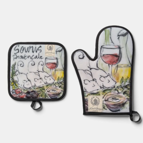 Chat d'Argent Souris Provençale Oven Mitt &amp; Pot Holder Set