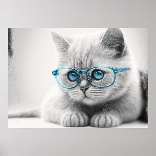 chat mignon portant des lunettes bleu  poster