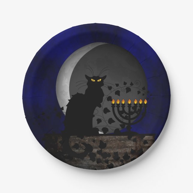 Chat Noir Chanukah with Menorah Paper Plates (Front)