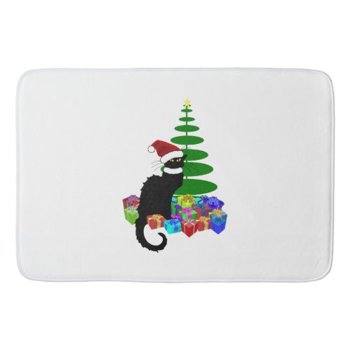 Chat Noir With Christmas Tree and Gifts Bathroom Mat