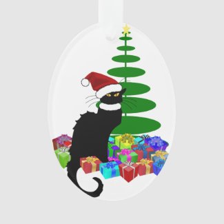 Chat Noir With Christmas Tree and Gifts Ornament