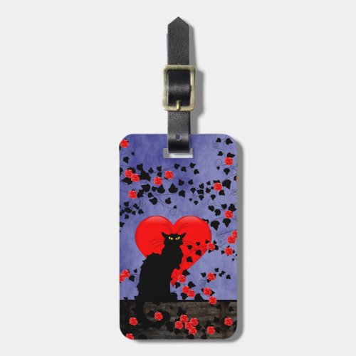Chat Noir with Red Roses Heart Luggage Tag