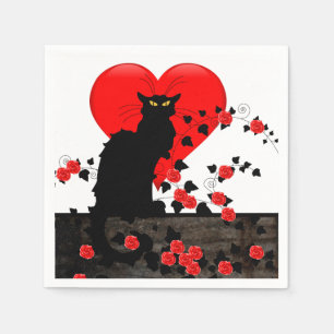 Chat Noir with Red Roses Napkins