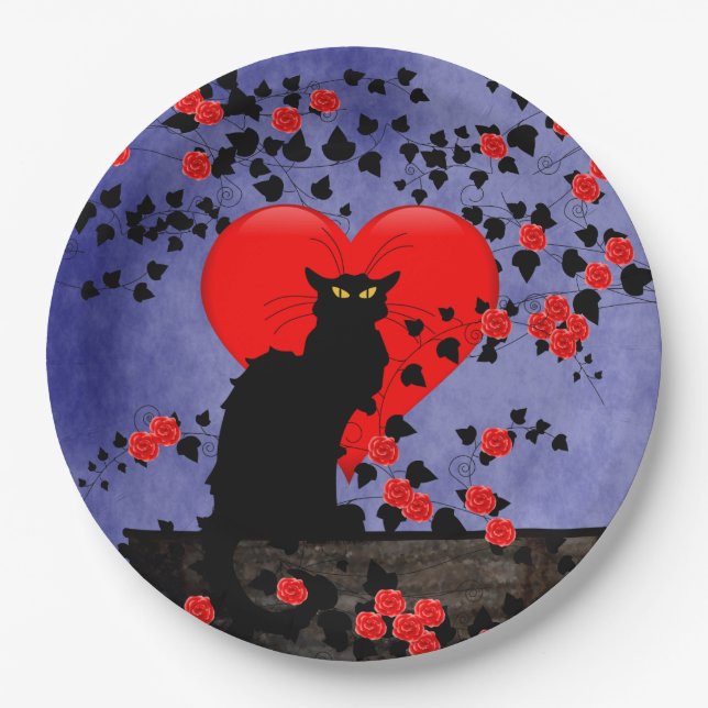Chat Noir with Red Roses Paper Plates (Front)