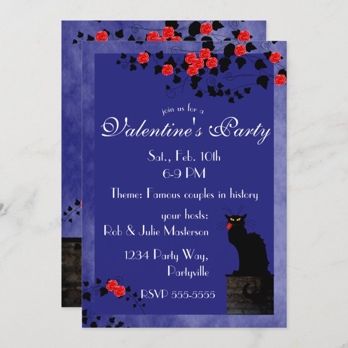 Chat Noir With Red Roses Valentine S Day Invitation Zazzle Com