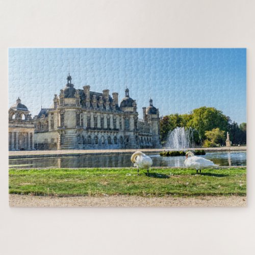 Chateau de Chantilly fountain and two swans Jigsaw Puzzle