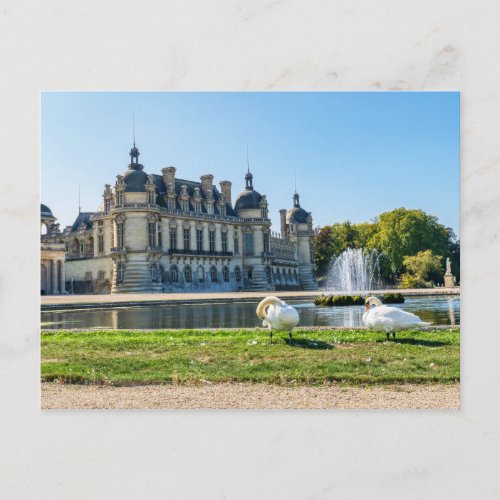 Chateau de Chantilly fountain and two swans Postcard