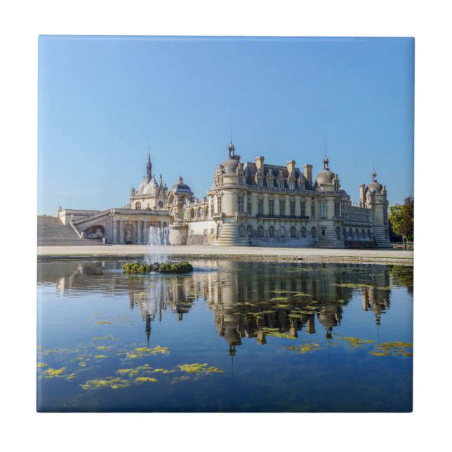 Chateau de Chantilly with reflection in a pond Ceramic Tile (Front)