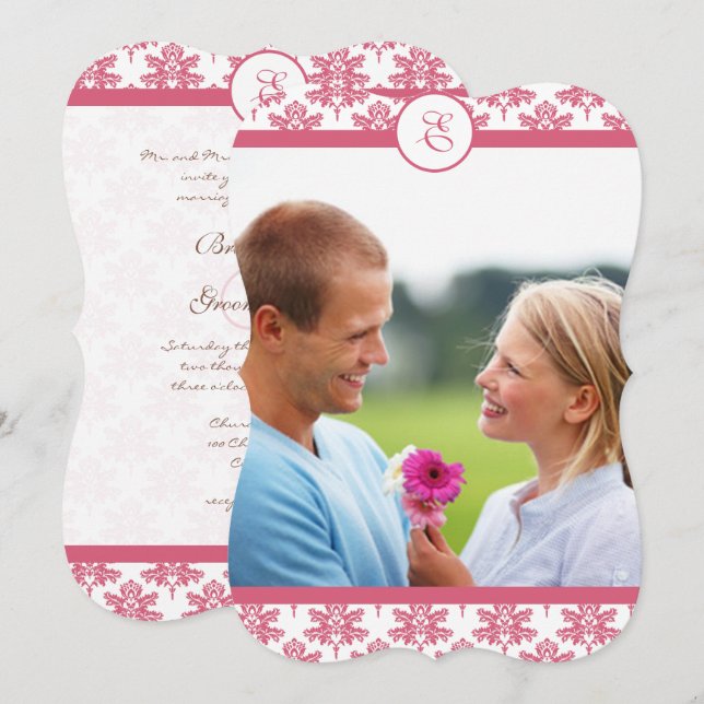 Chateau Pink Damask Photo Wedding Invitation (Front/Back)
