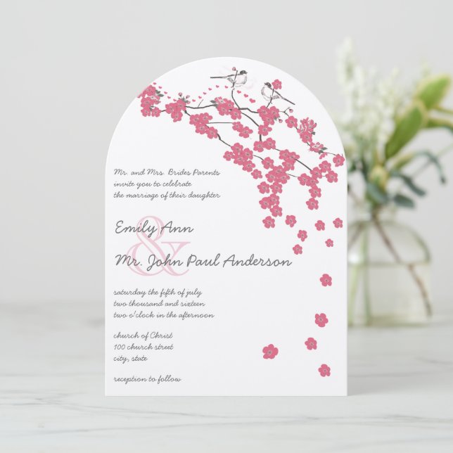 Chateau Rose Cherry Blossom Pink Chickadee Wedding Invitation (Standing Front)