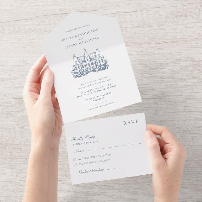 Chateau Venue Sketch Minimalist Wedding All In One Invitation (Creator Uploaded)