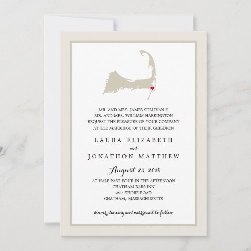 Chatham Cape Cod Map with heart  Wedding Invitation