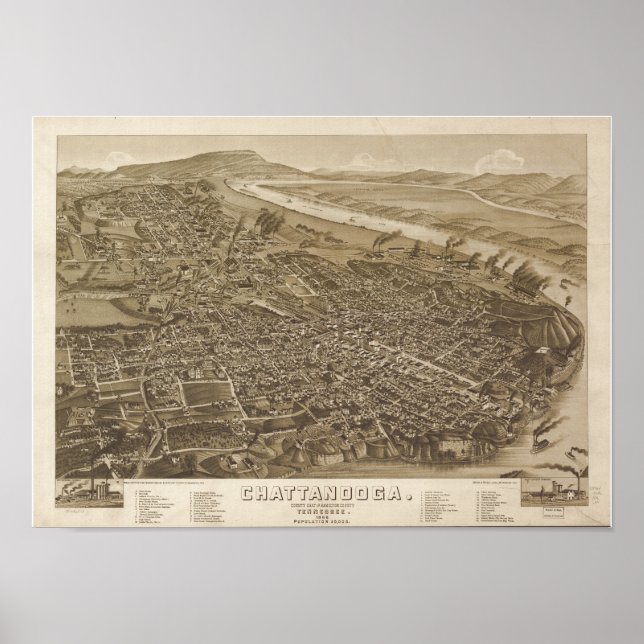 Chattanooga Tennessee 1886 Antique Panoramic Map Poster (Front)