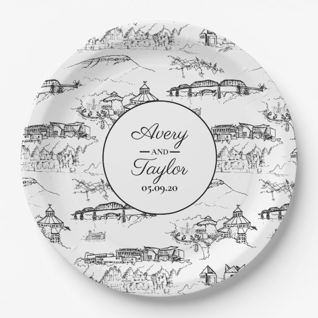 Chattanooga Toile Black and White Bridal Shower Paper Plates (Front)