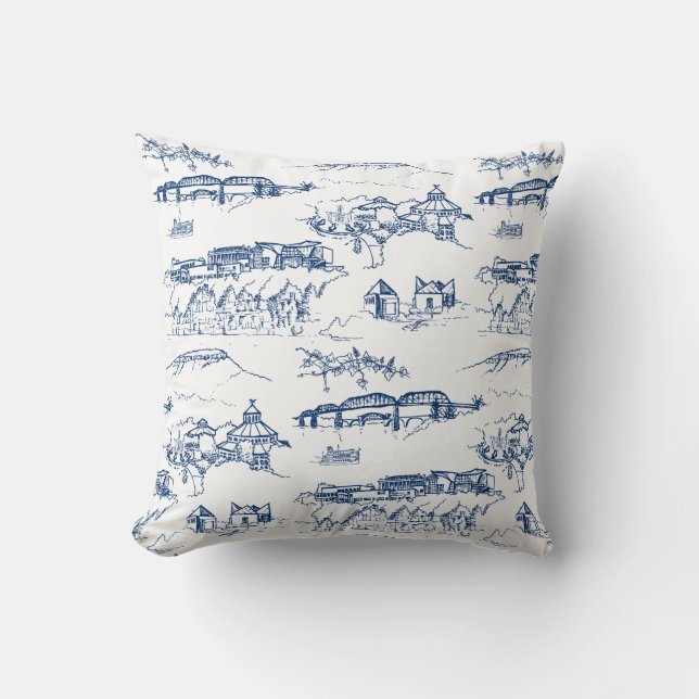 Chattanooga Toile Blue Throw Pillow (Front)