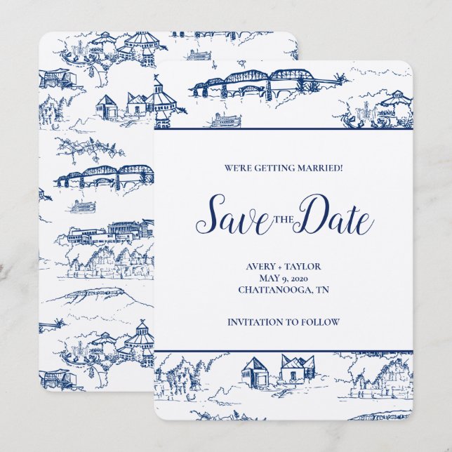 Chattanooga Toile Navy and White Save the Date (Front/Back)