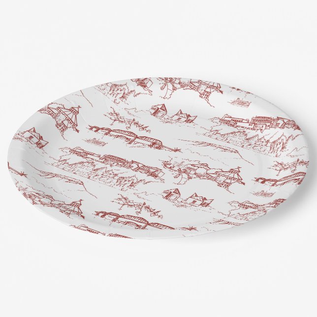 Chattanooga Toile Red and White Paper Plates (Angled)